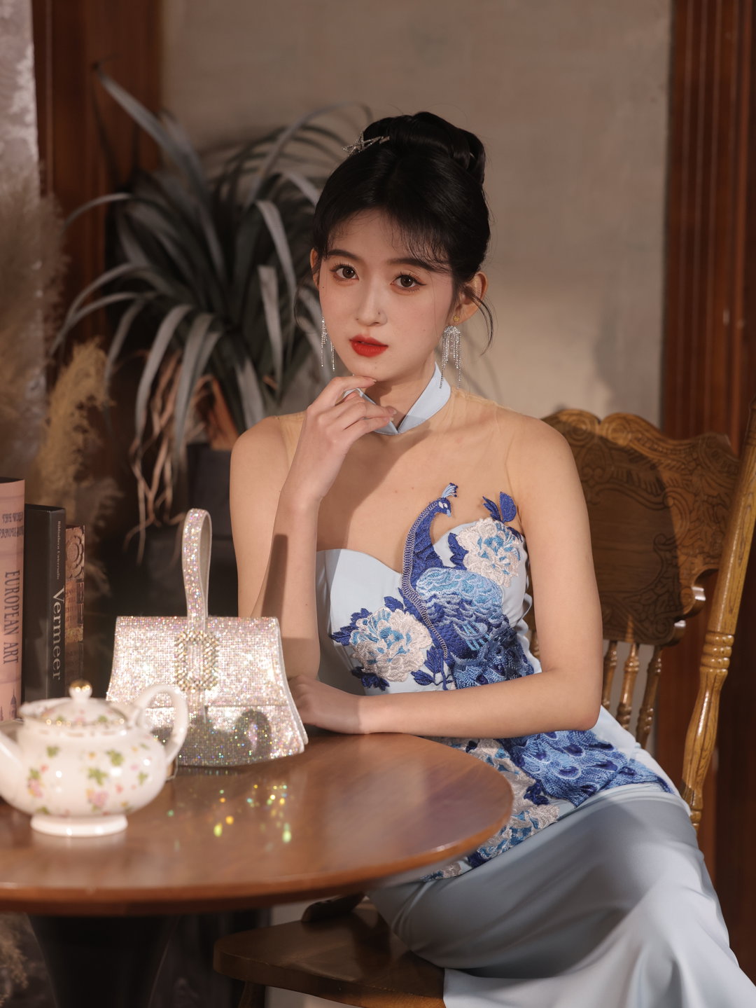 Folklore Cheongsam in Sky Blue with Peacock