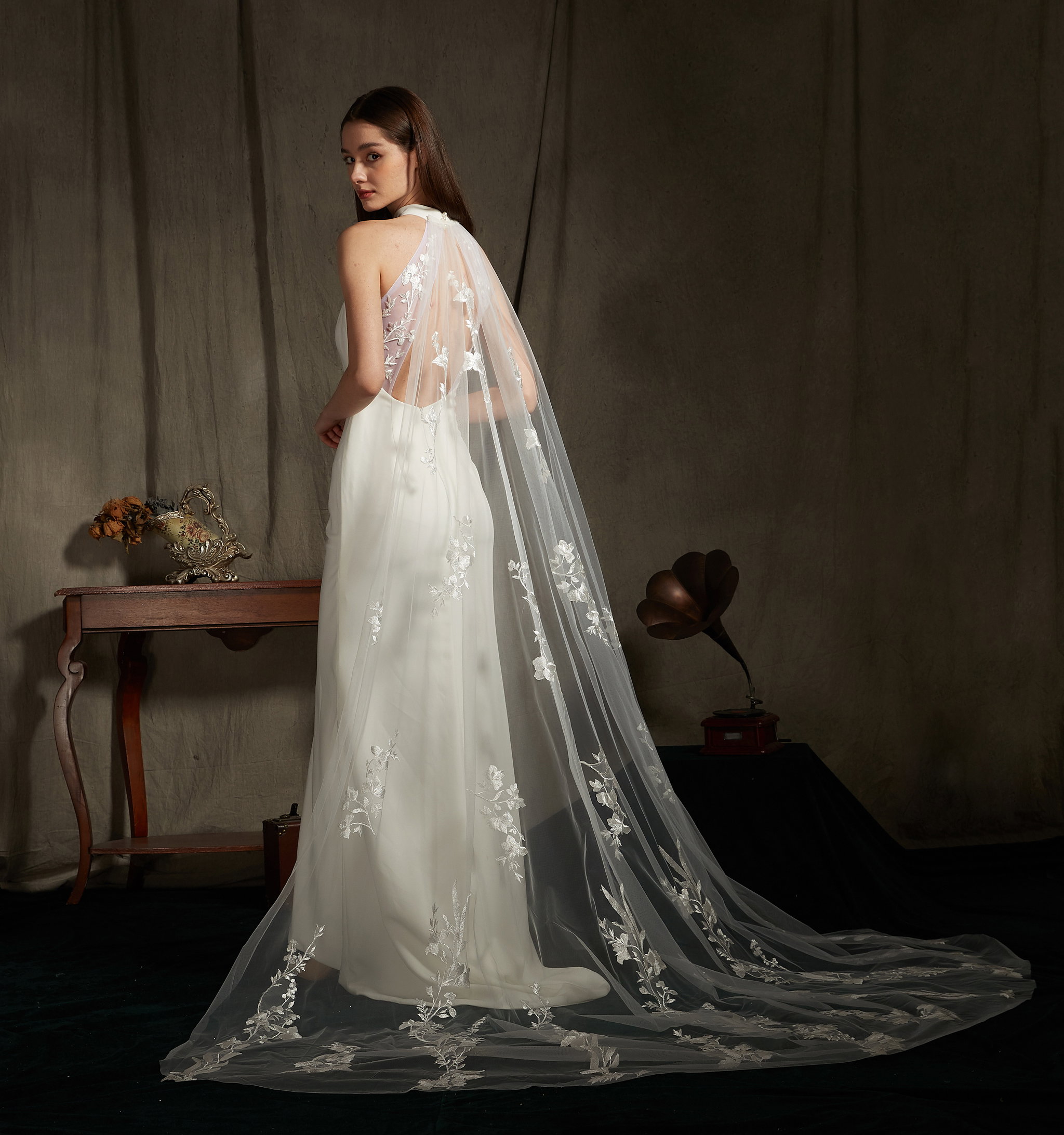 Florida Halter Satin Wedding Dress with Cape _3
