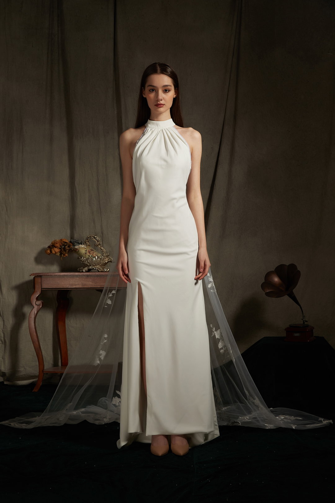 Florida Halter Satin Wedding Dress with Cape