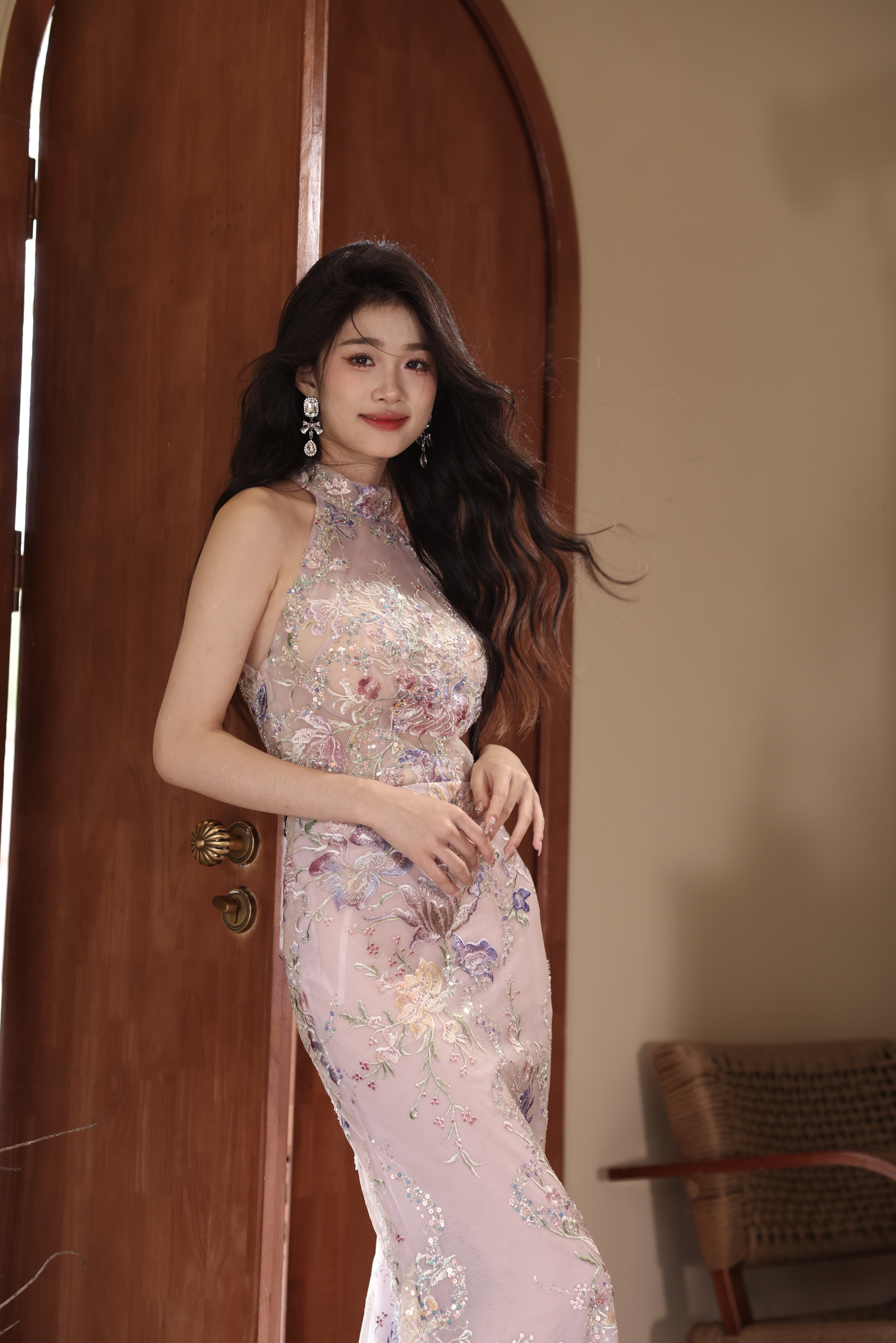 Lilac and Blush Floral Embroidery Cheongsam _2
