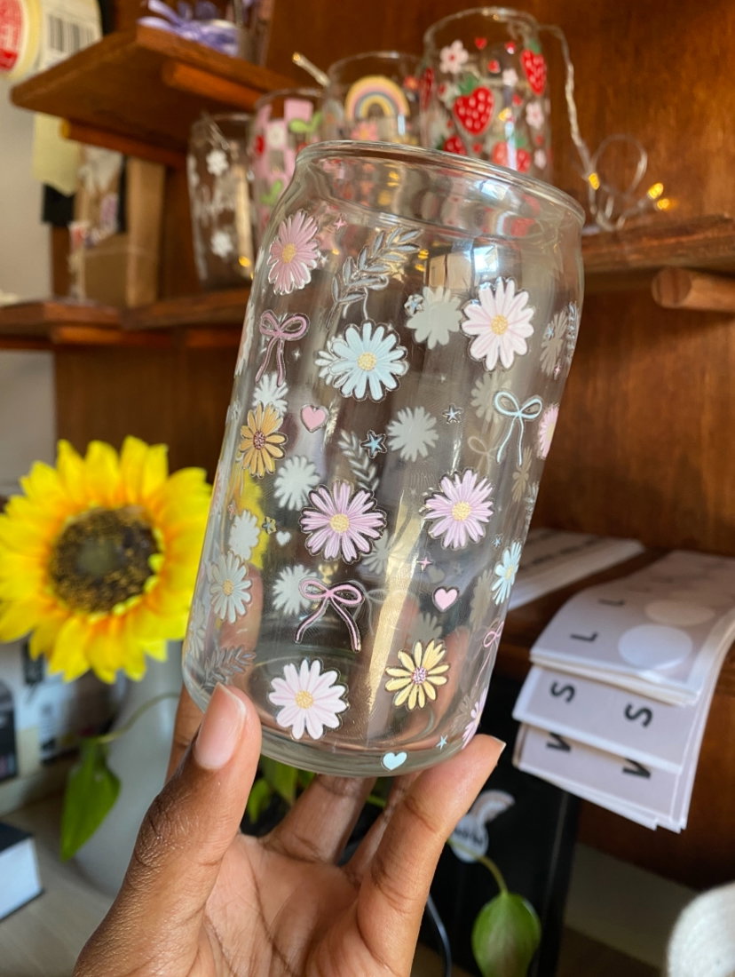 Daisies and Ribbons Glass Can