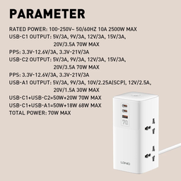 LDNIO USB Port Surge Protection Extension Cord 2500W + Charge 70W