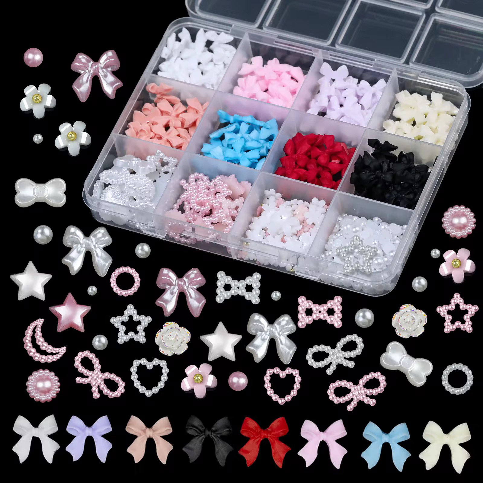 Wholesale New 12- Grid 3D Set Bow Knot Nail Decoration Cartoon Rabbit Bow Pearl Mixed Set Box Resin Nail Charms_3