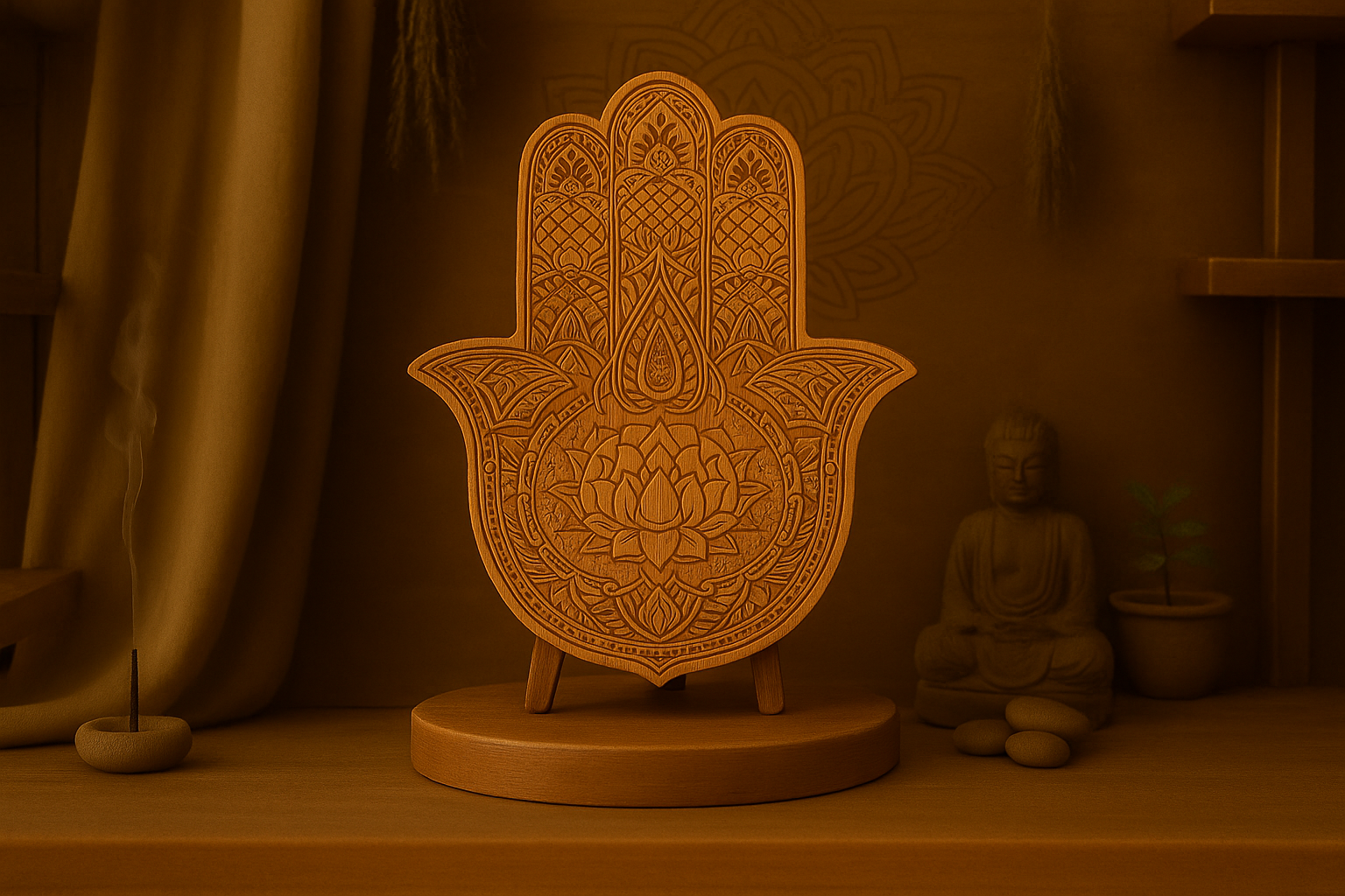 Sacred Lotus Hamsa Olive Wood Carving_0