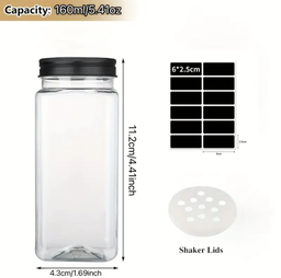 12-Pack Plastic Spice Jars, 5.6oz (Approximately 160g) Square Seasoning Containers.
