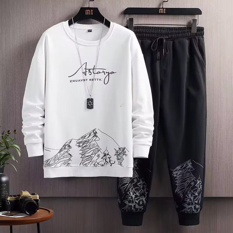 Printed Thin Type Hoodie Men's 2023 Spring and Autumn Korean Version of the New Crewneck Loose Top Chic Men's Sports Suit_1