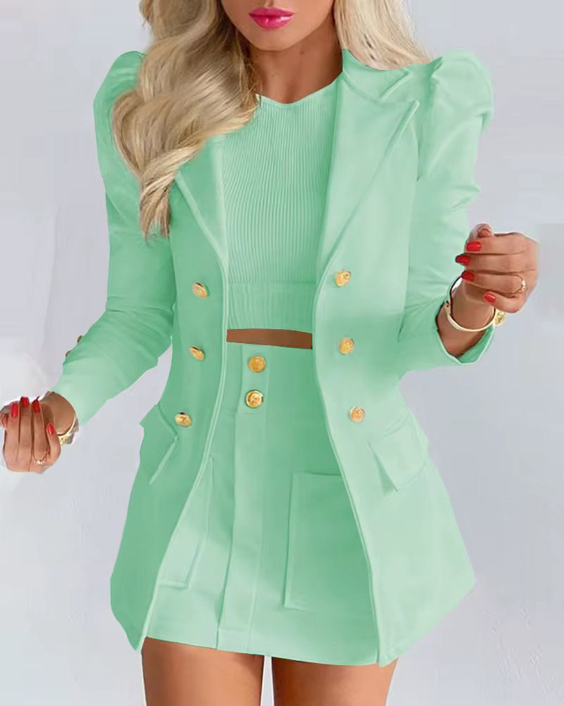 C7039 Long Sleeve Solid Blazers Ladies Women With Mini Skirt Two Piece Set Office Ladies Business Suits for Women_0