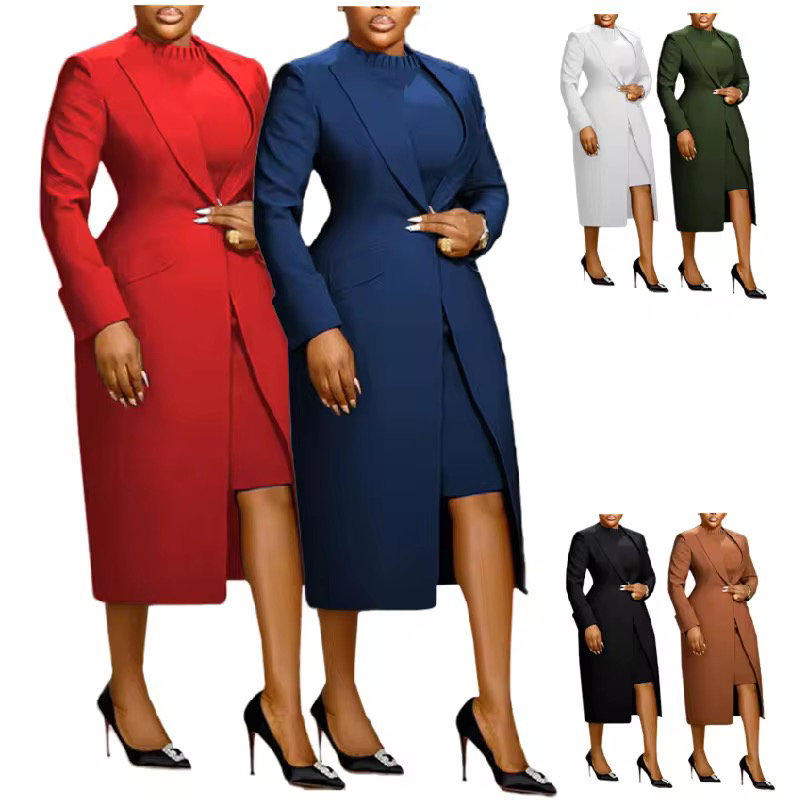 K3370 Ladies Suits Office Wear Two Piece Set Women Clothing Long Blazer + Inner Dress Set Two Piece Blazer Set Outfits for Women_0