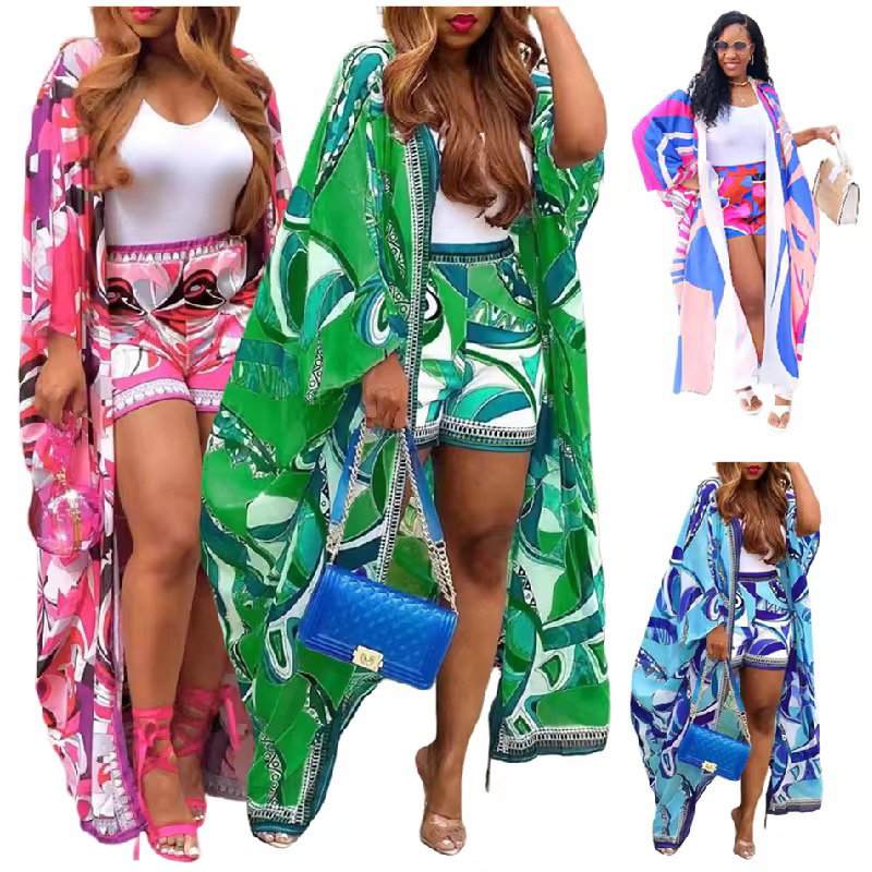 6787# Hot Selling Summer Outfits for Women Holiday Loose Printing Cardigan and Shorts Set Two Piece Set Women Clothing_0
