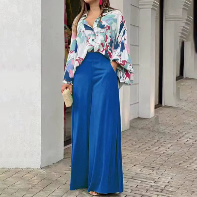 2Piece Set New 2022 Printed Casual Suit Loose Large Lapel Shirt High Waist Flare Pants Two Piece Set_2