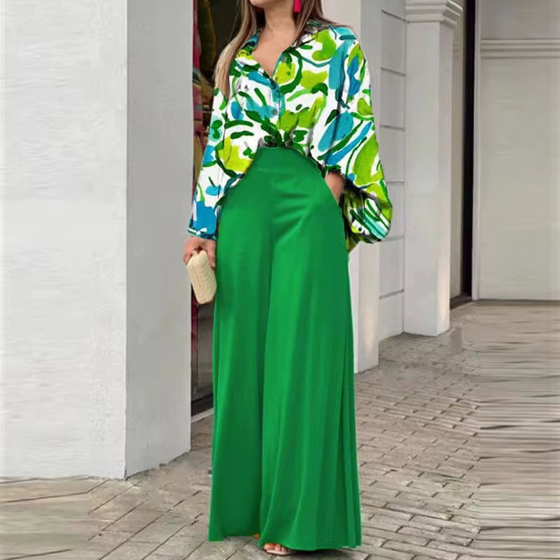 2Piece Set New 2022 Printed Casual Suit Loose Large Lapel Shirt High Waist Flare Pants Two Piece Set_3