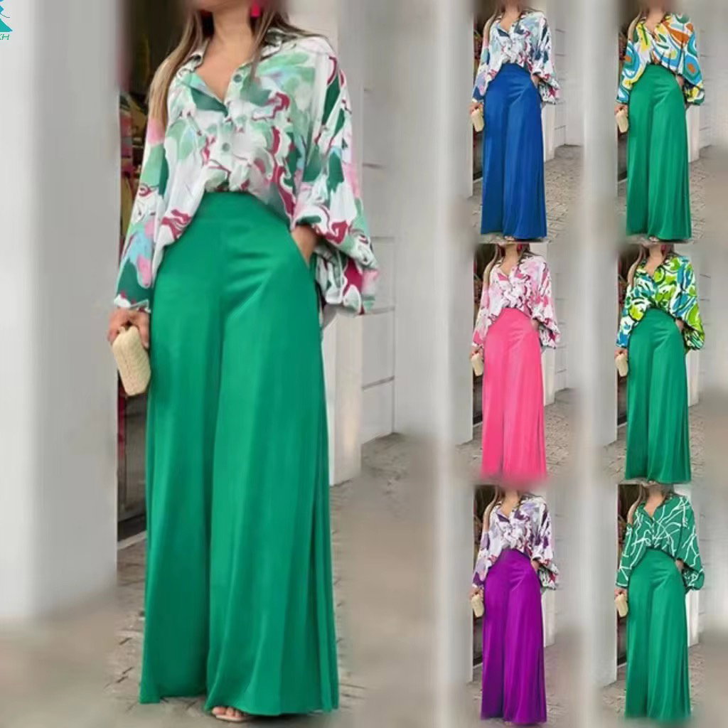 2Piece Set New 2022 Printed Casual Suit Loose Large Lapel Shirt High Waist Flare Pants Two Piece Set_0