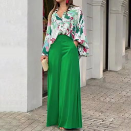 2Piece Set New 2022 Printed Casual Suit Loose Large Lapel Shirt High Waist Flare Pants Two Piece Set