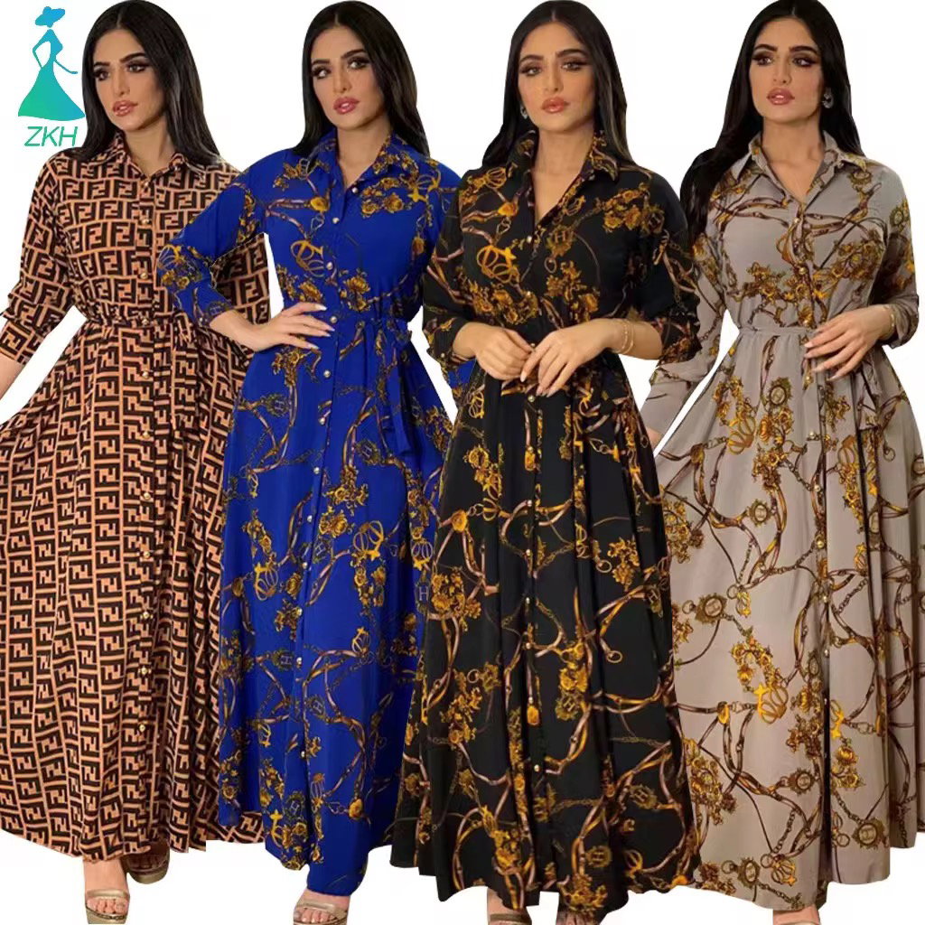 Latest Design Middle East Muslim Dress Indonesia Vintage Print Large Swing Skirt Shirt Dress Elegant Casual Dresses_0