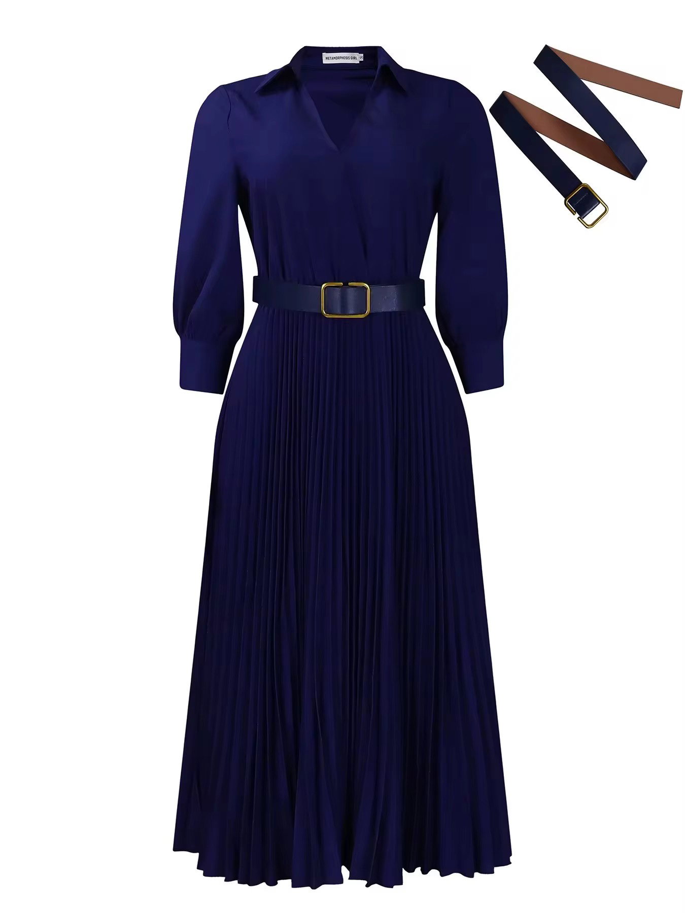 Wholesale Ladies Long Dress With Belt Women's Clothing Party Pleated Dress Long Sleeve Women's_3