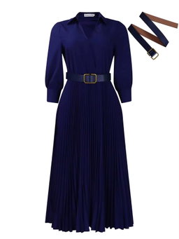 Wholesale Ladies Long Dress With Belt Women's Clothing Party Pleated Dress Long Sleeve Women's