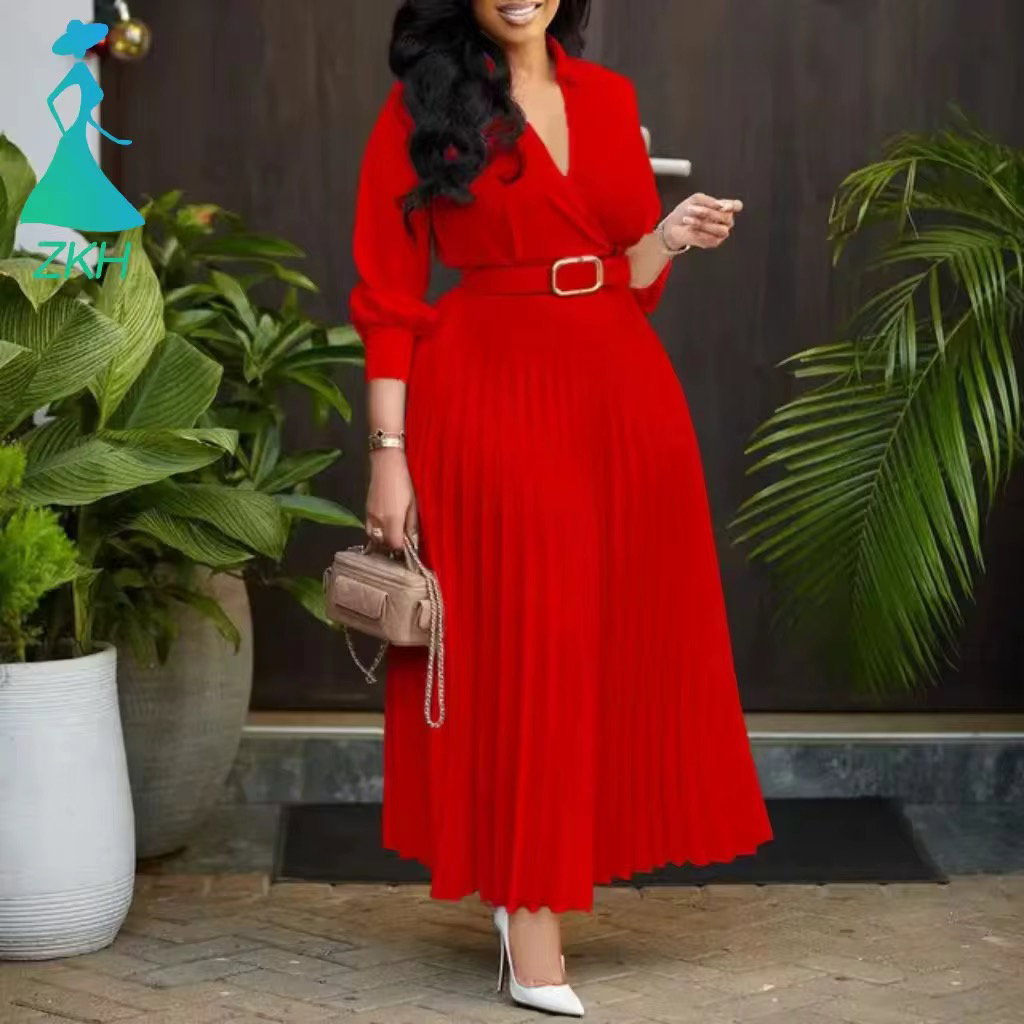Wholesale Ladies Long Dress With Belt Women's Clothing Party Pleated Dress Long Sleeve Women's_0