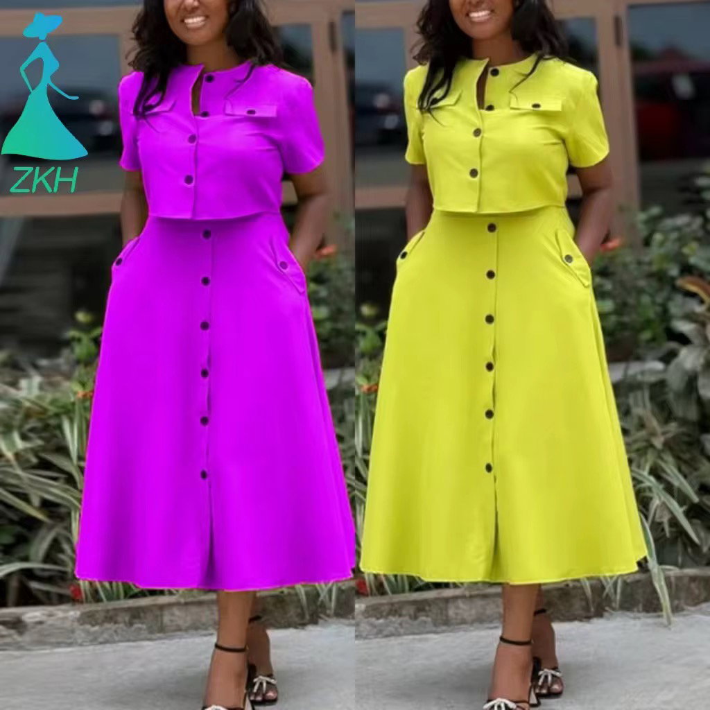 Hk7536 Latest Design Summer Outfits for Women O-neck Short Sleeve Top and High Waist Breasted Skirt Two Piece Set Women Clothing_1