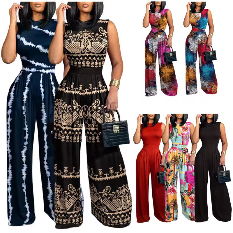 BYJ252 Hot Selling Plus Size One Piece Jumpsuit Women Slim Fit Printed Sleeveless Wide Leg Jumpsuit for Women _0