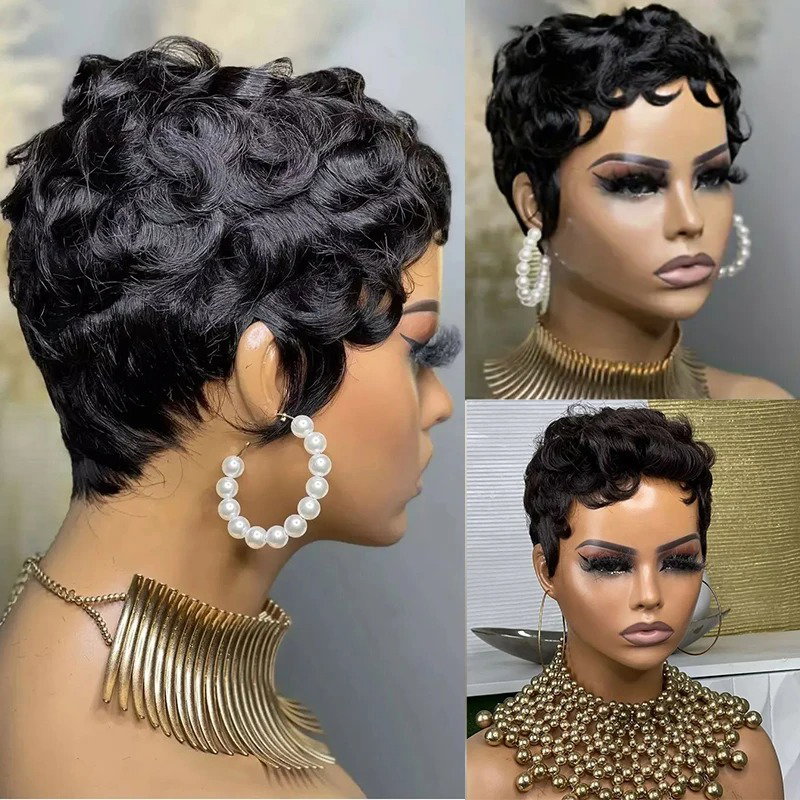 Black Curly Pixie Short Cut _2