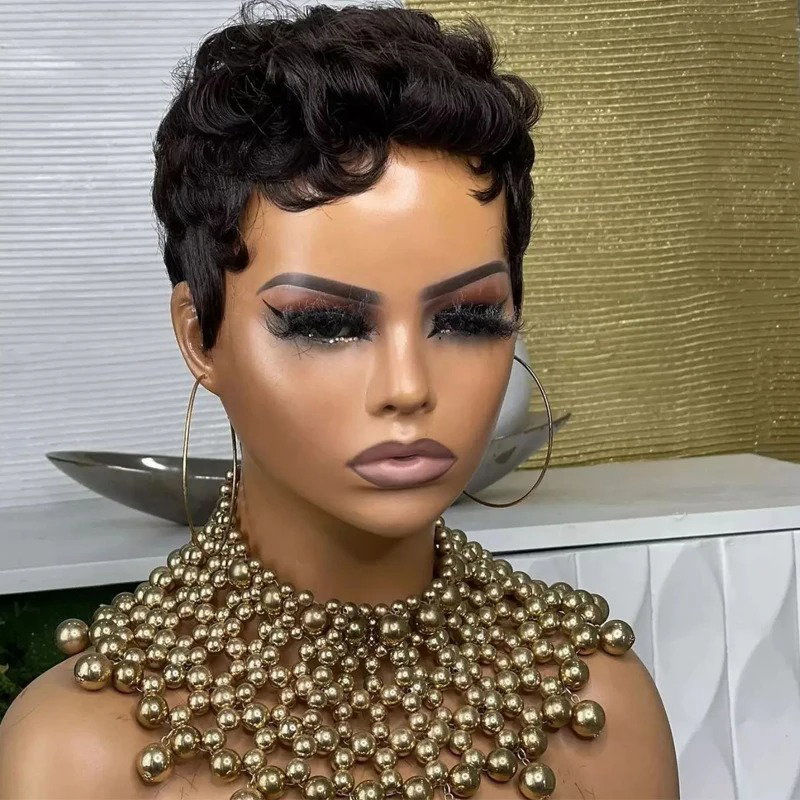 Black Curly Pixie Short Cut _1