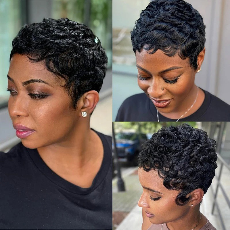 Black Curly Pixie Short Cut _5