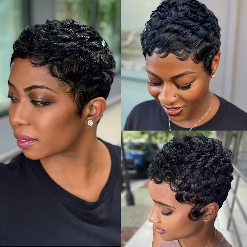 Black Curly Pixie Short Cut _0