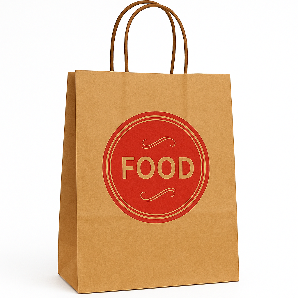 DELIVERY CARRIER BAGS - GENERIC DESIGN / “FOOD TO GO” BROWN & RED - 2 SIZES ( WITH HANDLES) _0