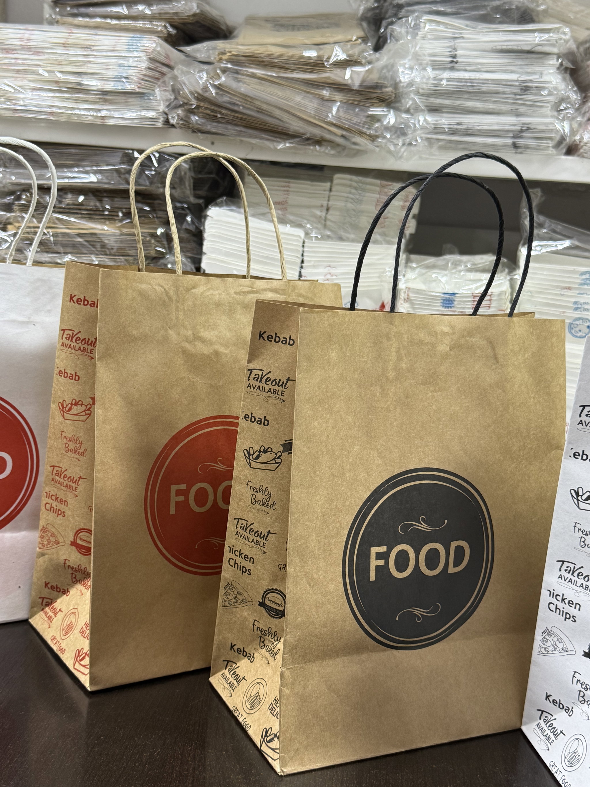 DELIVERY CARRIER BAGS - GENERIC DESIGN / “FOOD TO GO” BROWN & RED - 2 SIZES ( WITH HANDLES) _2