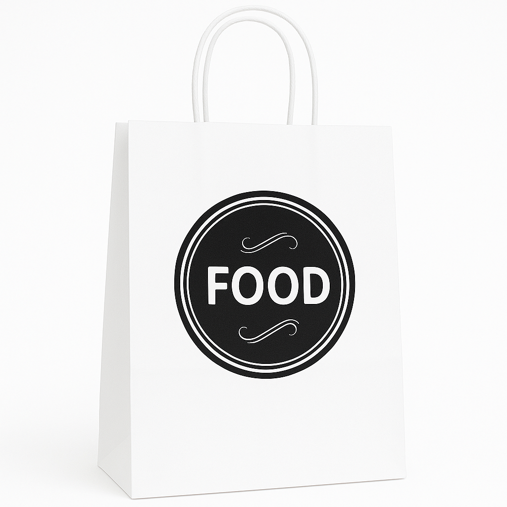 DELIVERY CARRIER BAGS - GENERIC DESIGN / “FOOD TO GO” WHITE & BLACK - 2 SIZES ( WITH HANDLES)