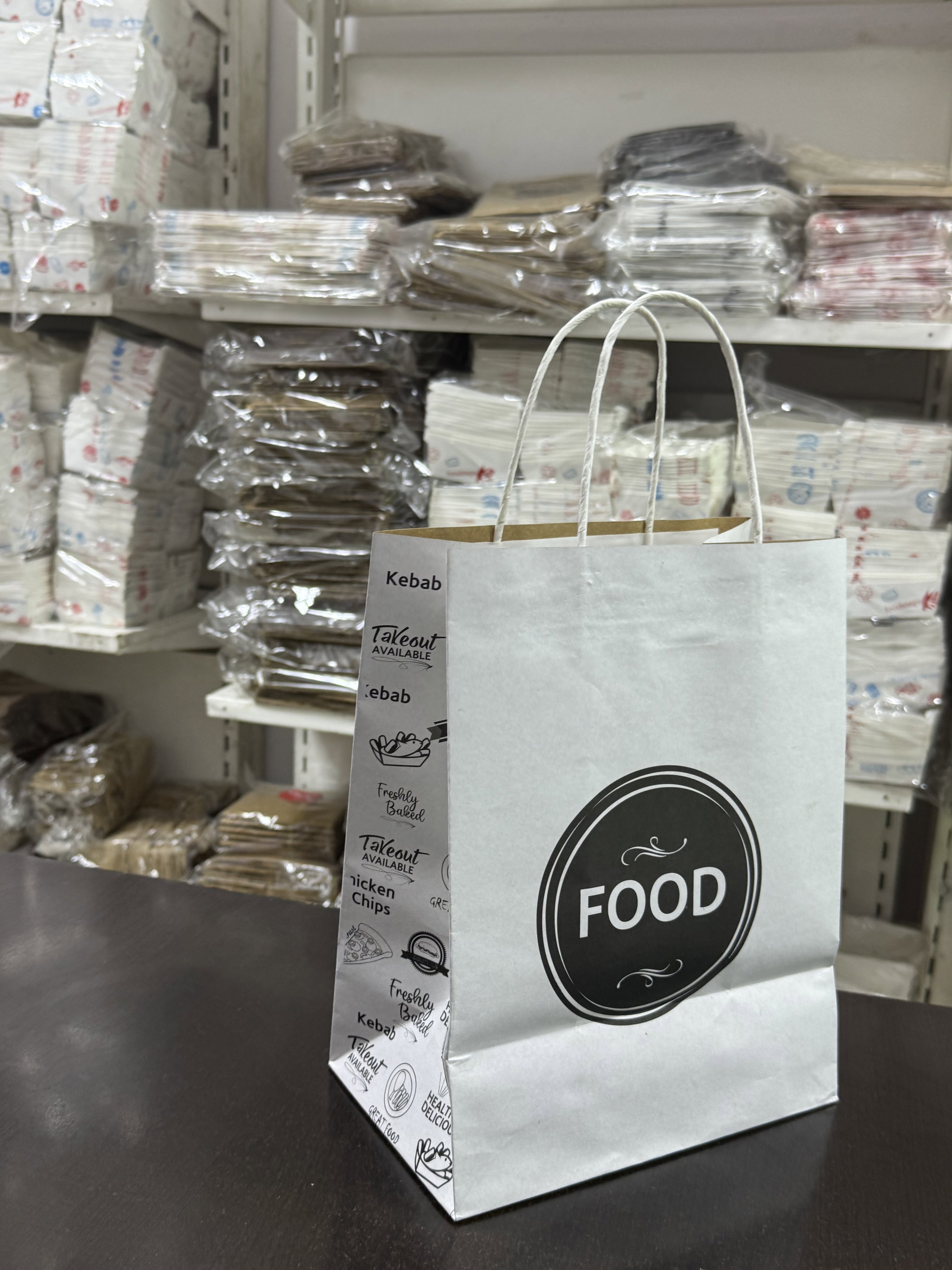 DELIVERY CARRIER BAGS - GENERIC DESIGN / “FOOD TO GO” WHITE & BLACK  - 2 SIZES ( WITH HANDLES)_2
