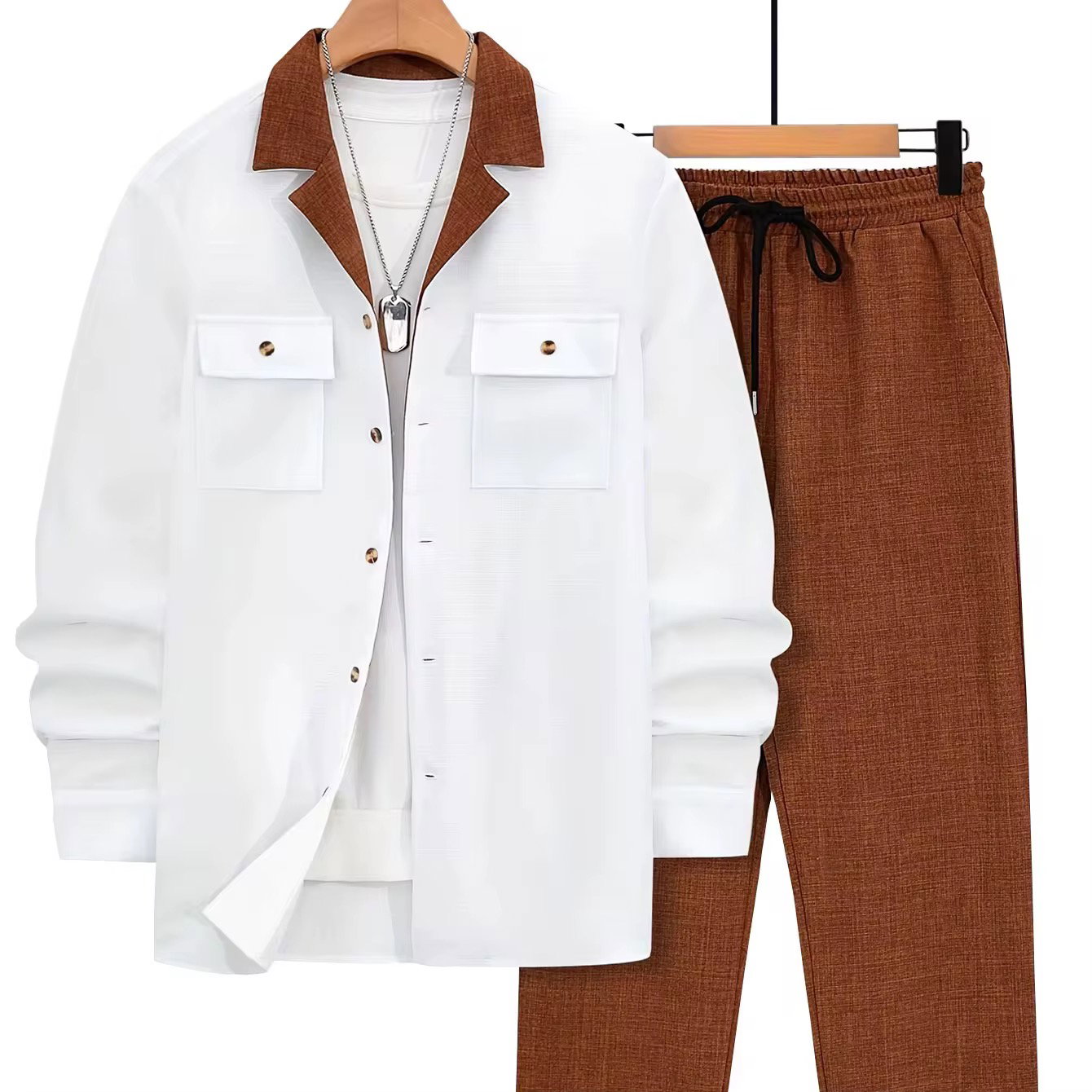New Classic Men's 2-piece Suit.pants T-shirt.solid Color Long Sleeved Holiday Wedding. African Ethnic Style_0