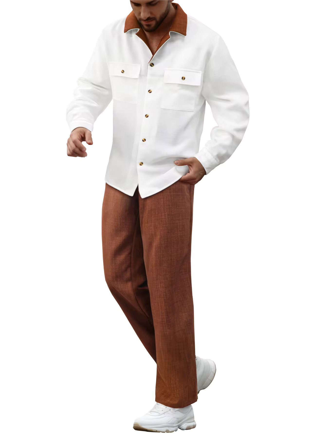 New Classic Men's 2-piece Suit.pants T-shirt.solid Color Long Sleeved Holiday Wedding. African Ethnic Style_2