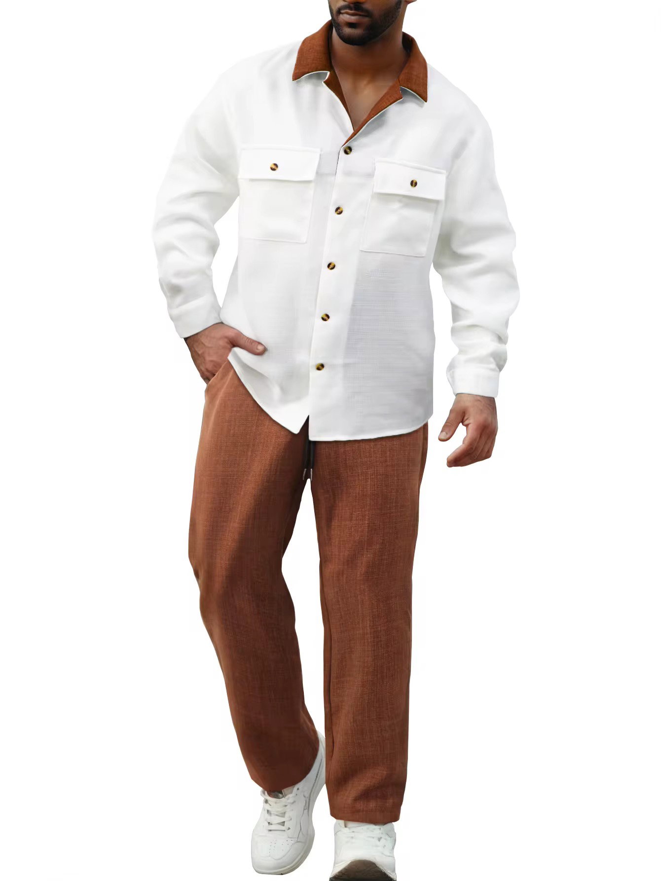New Classic Men's 2-piece Suit.pants T-shirt.solid Color Long Sleeved Holiday Wedding. African Ethnic Style_3