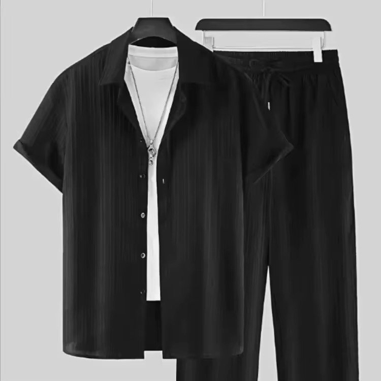 2025 Summer Men Striped 2 Piece Set Suits Short Sleeve Tops Long Pants Lapel Button Elastic Waist Trousers Tracksuit_0