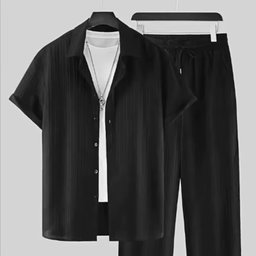 2025 Summer Men Striped 2 Piece Set Suits Short Sleeve Tops Long Pants Lapel Button Elastic Waist Trousers Tracksuit