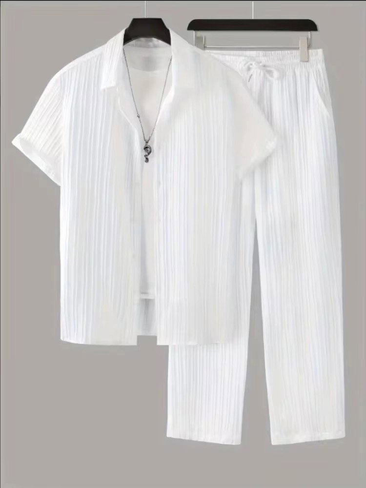 2025 Summer Men Striped 2 Piece Set Suits Short Sleeve Tops Long Pants Lapel Button Elastic Waist Trousers Tracksuit_1