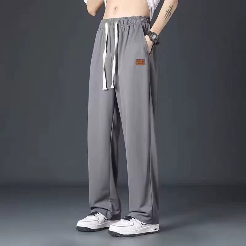 2025 New Fashion Street Summer Men's Casual Outdoor Thin Simple Loose Sportswear Ice Silk Belt Side Pocket Straight Trousers_2