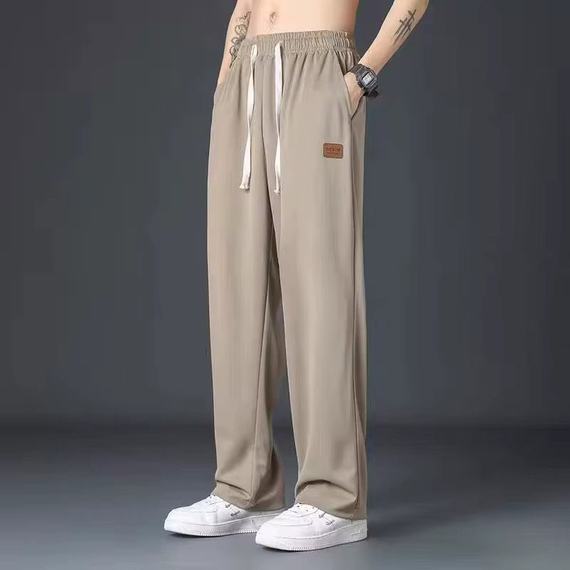 2025 New Fashion Street Summer Men's Casual Outdoor Thin Simple Loose Sportswear Ice Silk Belt Side Pocket Straight Trousers_3