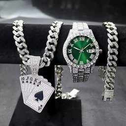 Hip Hop Quartz Watches for Men Miami Cuban Chain With Bracelet Set Playing Cards Pendant Necklace Jewelry Sets Wristwatches