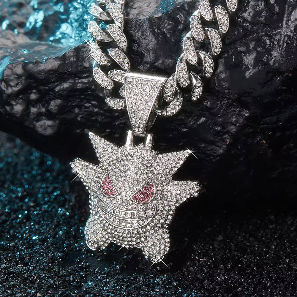 Hip Hop Bling Cartoon Ghost Charms Gengar Pendant Necklace Cuban Chain Diamond Red Eye Fun Gengar Miami Mens Jewelry Gift_0