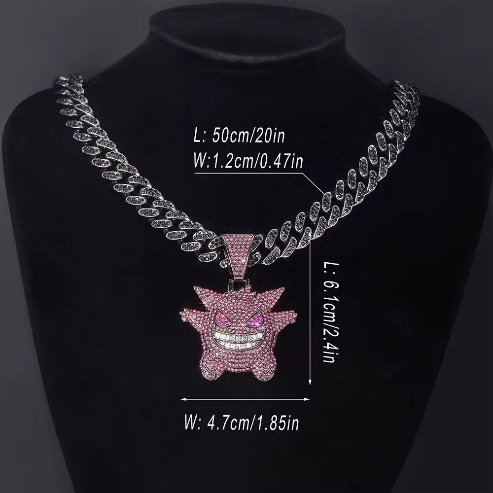 Hip Hop Bling Cartoon Ghost Charms Gengar Pendant Necklace Cuban Chain Diamond Red Eye Fun Gengar Miami Mens Jewelry Gift_2