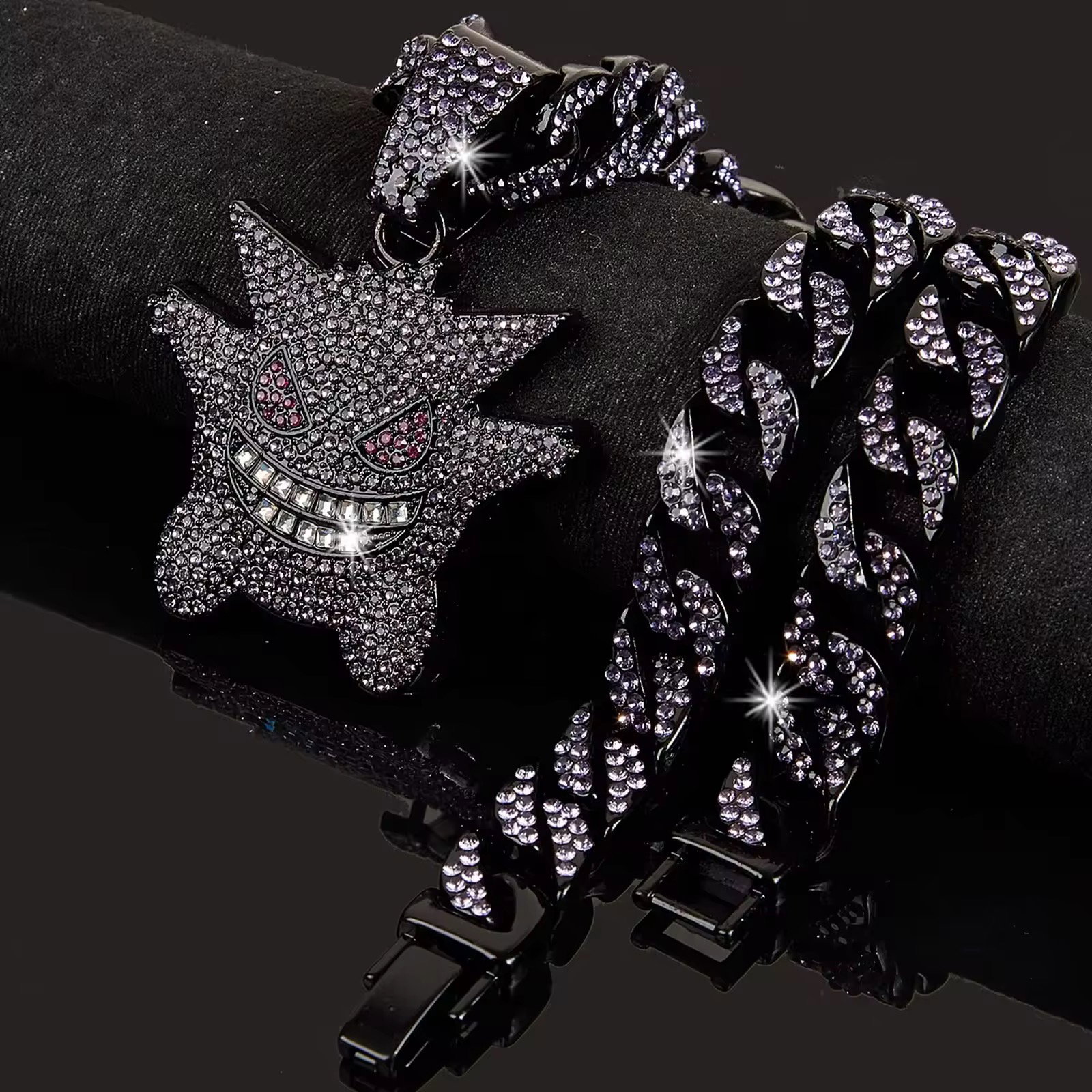 Hip Hop Bling Cartoon Ghost Charms Gengar Pendant Necklace Cuban Chain Diamond Red Eye Fun Gengar Miami Mens Jewelry Gift_4