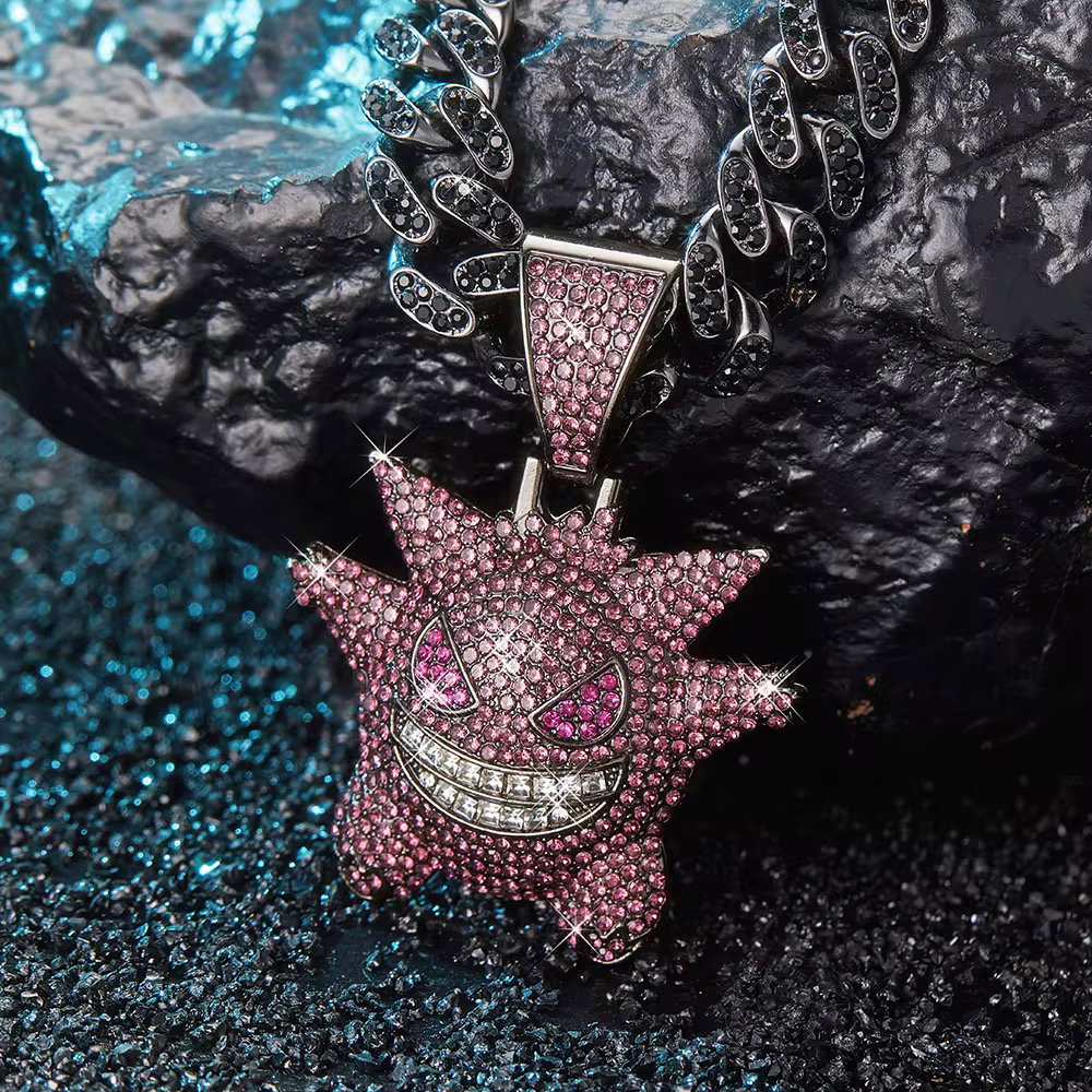 Hip Hop Bling Cartoon Ghost Charms Gengar Pendant Necklace Cuban Chain Diamond Red Eye Fun Gengar Miami Mens Jewelry Gift_3