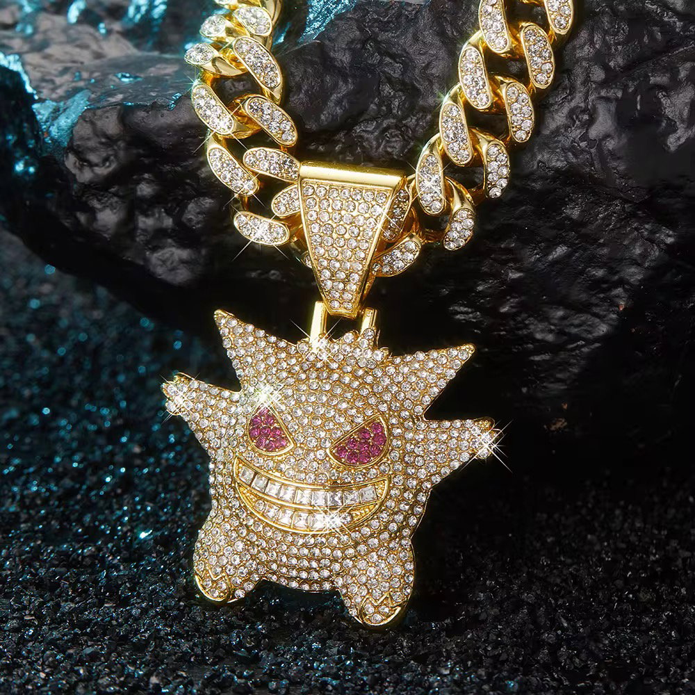 Hip Hop Bling Cartoon Ghost Charms Gengar Pendant Necklace Cuban Chain Diamond Red Eye Fun Gengar Miami Mens Jewelry Gift_1