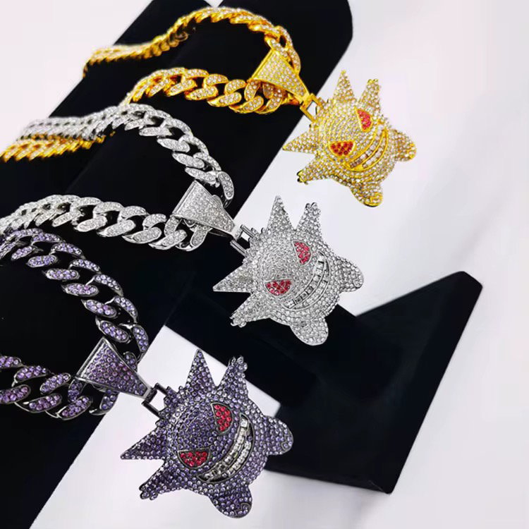 Fashion Women Long White Gold Plated Hip Hop Initial Moissanite 3d Custom Pendant Cuban Ice Link Gengar Necklace Chain Jewelry_1