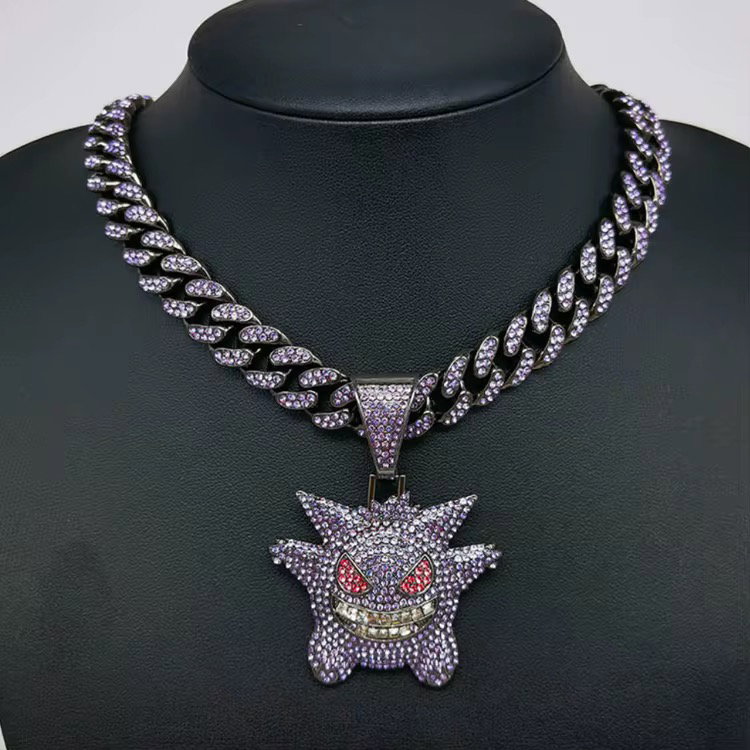 Fashion Women Long White Gold Plated Hip Hop Initial Moissanite 3d Custom Pendant Cuban Ice Link Gengar Necklace Chain Jewelry_2