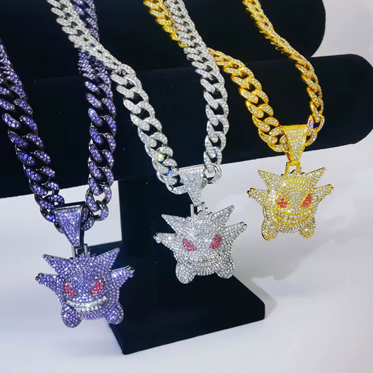 Fashion Women Long White Gold Plated Hip Hop Initial Moissanite 3d Custom Pendant Cuban Ice Link Gengar Necklace Chain Jewelry_0