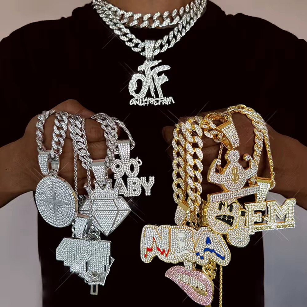 Factory Wholesale HipHop Iced Out High Quality Fashion Letter Pendant Rap Cuban Chain Necklace Set Jewelry Sets New Year Gift_1