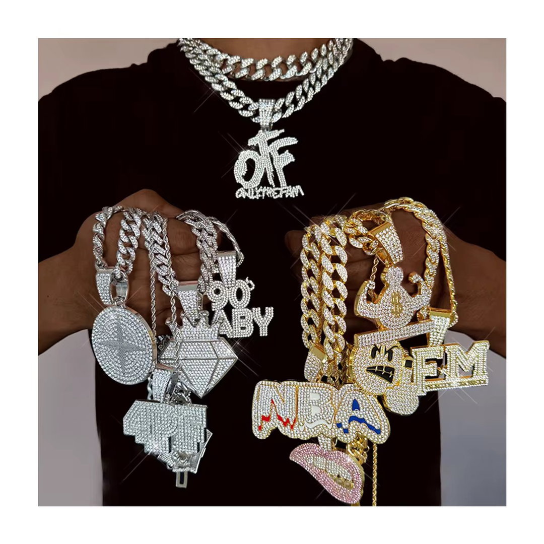 Factory Wholesale HipHop Iced Out High Quality Fashion Letter Pendant Rap Cuban Chain Necklace Set Jewelry Sets New Year Gift